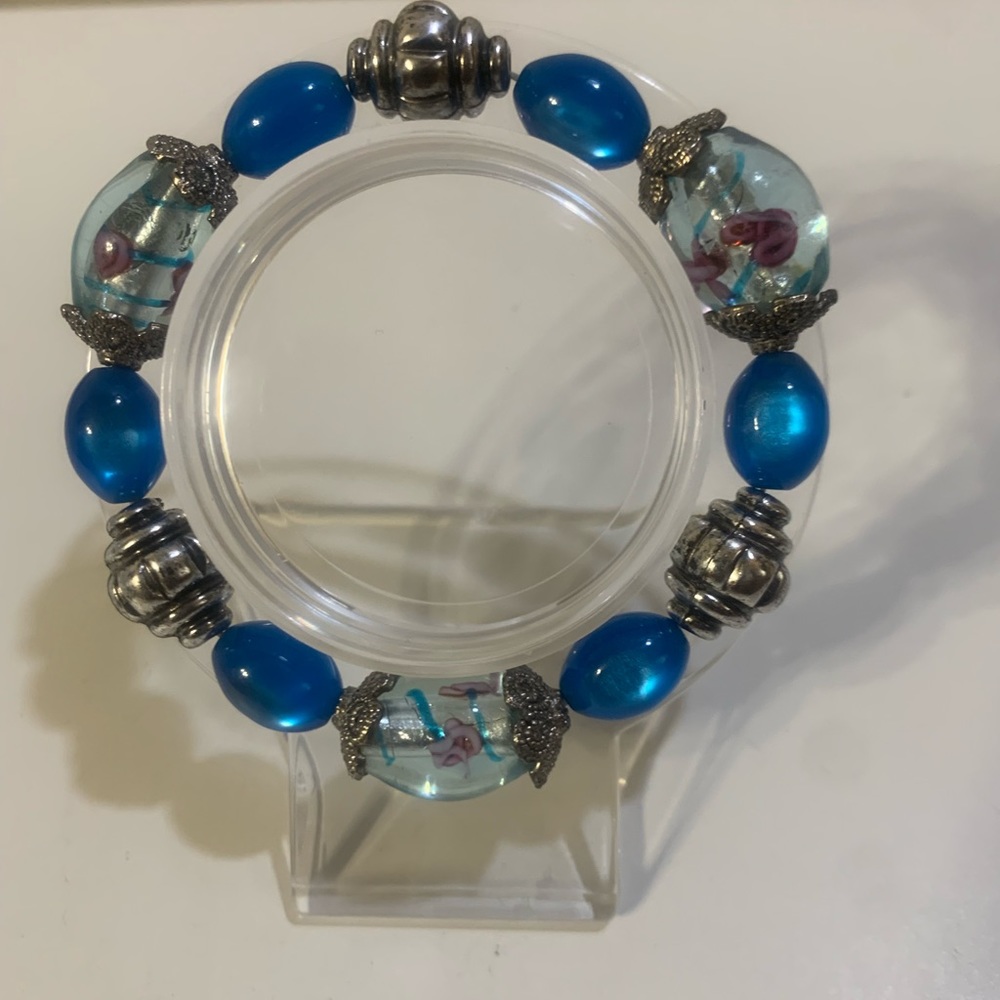 Blue and silver acrylic beaded charm bracelet